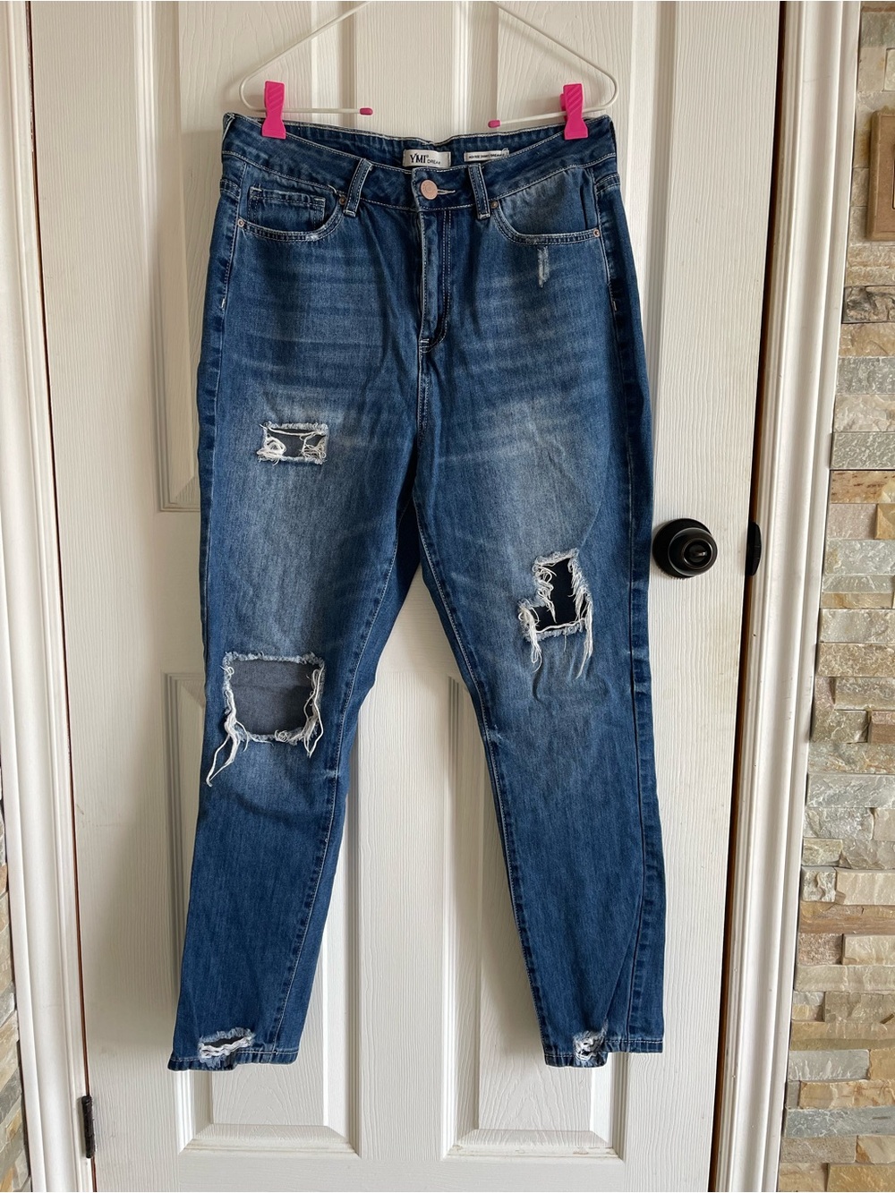 WOMEN'S DISTRESSED RIPPED BLUE JEANS, high rise, dream fit